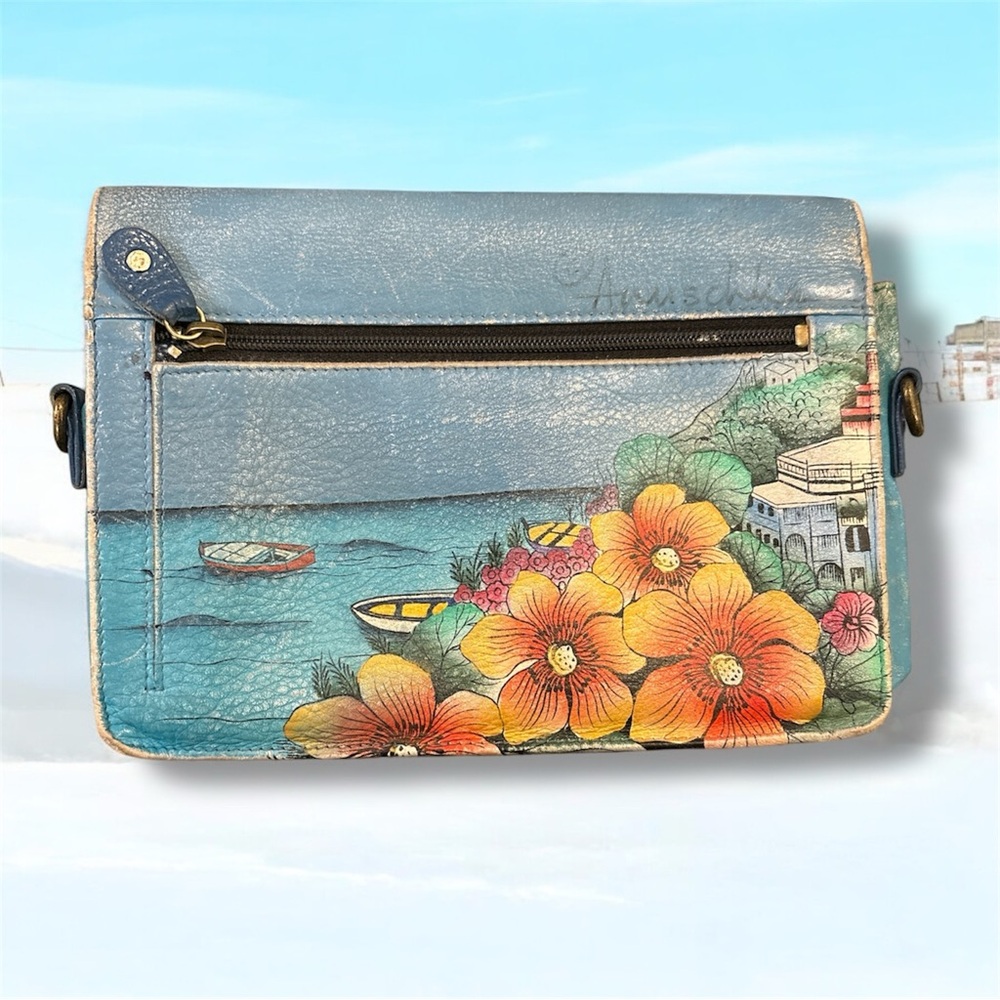 Anuschka Hand painted Colorful Floral Scenic Crossbody Small Leather Bag - Picture 2 of 8